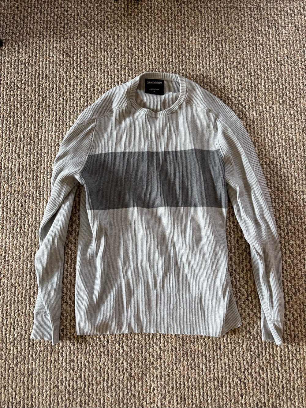 Calvin Klein Jeans Men’s Light Gray Crewneck Sweater with Charcoal Stripe